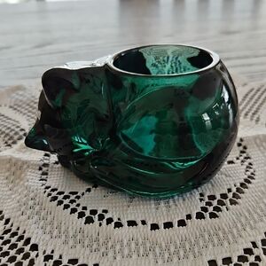 Emerald Green Glass Cat Votive Holder - Indianna Glass - Vintage